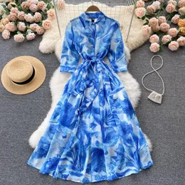 Dress Aibeautyer New Autumn A Line Polo Collar Lady Full Dress Casual Slim Floral Print Pullover MidCalf High Waist Women Dresses