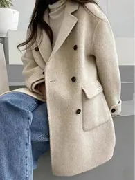 Women's Wool Blends Korean Style Office Lady Woolen Jacket 2023 AutumnWinter Double Breasted Loose Short Silk Rabbit Hair Women Coats 231124