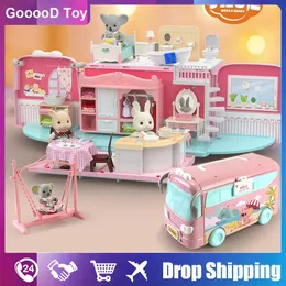 Architecture DIY House Dollhouse Koala Diary Girl Play Toy Diy Tour Bus Bedroom Dresser Dining Kitchen Bathroom Shop Pretend Family Toys Girls 231124