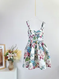 Australian designer silk and linen printed suspender dress