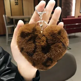 Leopard print heart fur fluffy ball keychain Creative Gifts For Party Car Keychain Pendant Student Bags New Gifts Wholesale Heart KeyRing