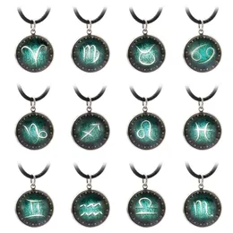 12 Constellation Glow In The Zodiac Signs Necklace Design New Luminous Men Leather Charm For Men Women Jewelry Gifts