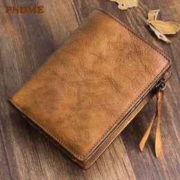 Carteras PNDME Moda retro Diseñador hecho a mano Capa superior Cuero de vaca Cartera juvenil Simple Casual Monedero corto al aire libre para hombres y mujeres