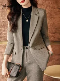 Kvinnors tvåbitar byxor Yitimuceng Office Ladies Set -outifits 2023 Slå ner krage single -knapp blazer casual hög midjebyxor 231124