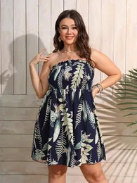 Plus Size Dresses Finjani Women Tropical Print Shirred Tube Dress 2023 Summer High Waist Flared Knee-Length Skirt