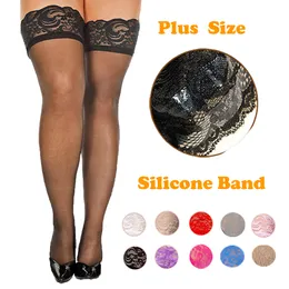 Sexiga strumpor silikon spetsar topp plus size lår höga strumpor för kvinnor nylon sexig porr underkläder stannar håll upp svart rosa röd lång strumpa vit 230426