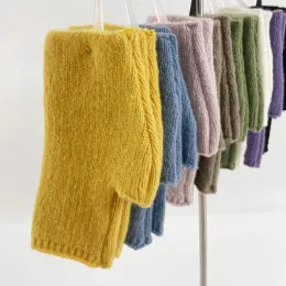 Solid Color Woolen Knitted Half Finger Gloves Winter Thicken Stretch Touch Screen Gloves Outdoor Warm Fingerless Mittens Unisex