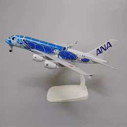 Aereo Modle 18 * 20 cm Lega di metallo Japan Air ANA Airbus A380 Cartoon Sea Turtle Airlines Blue Diecast Modello di aeroplano Aereo con ruote 230426