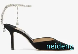 Женские туфли на высоком каблуке для невесты, босоножки-лодочки, удобные туфли на каблуке мм, сексуальные туфли Saeda с ремешком на щиколотке и ремешком на спине, цепочка со стразами