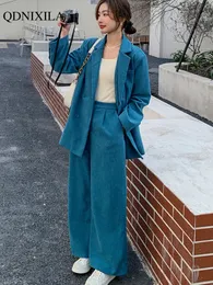 Women's Two Piece Pants Spring Autumn Korean Loose Casual Woman Office Matching Sets Elegant Blue Corduroy Blazer and Suit 2Pieces Set 231124