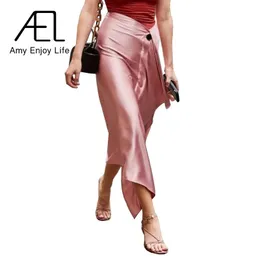 rock AEL Asymmetrischer Rock Frau Retro Lange Satin Rock Mode Wrap Hüfte 2019 Sommer Femme Austere Midiskirt Elegante Dünne Hohe taille