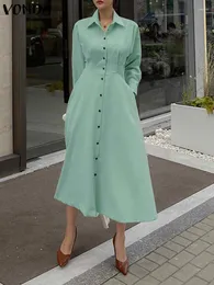 فساتين غير رسمية صيفية نساء Sundress 2023 Vonda Elegant Long Shirt Dress Dress Sleeve Label Button Down Solid Color Party Robe Femme