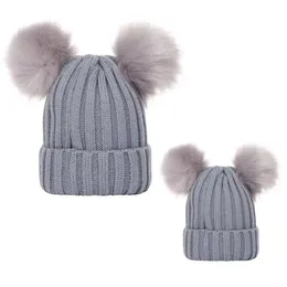 Novo duplo poms naturais pai-filho chapéu de inverno quente pele pompom bola chapéu de malha crânios gorros algodão gorro 571