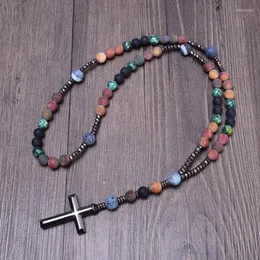 Colares pendentes de alta qualidade Católico Cristo Rosário Colar de 8mm Picasso Stone Black Onyx Hematite Cross para o Natal