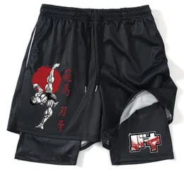 Shorts masculinos Anime Hanma Baki Ginês Shorts preto para homens 2 in1 malha shorts de tábua seca rápida