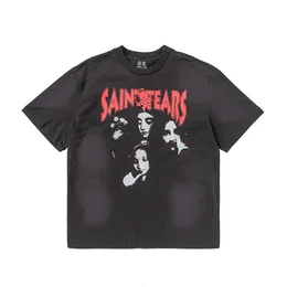 Camisetas masculinas Kaus Atasan Cuci Musim Panas Saint Michael Rapper Ukuran Besar Retro Fashion Streetwear Kodok Drift Untuk Pria Uniseks 230426