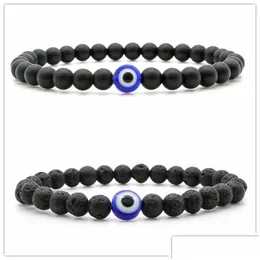 Charm Bracelets Evil Eye Armband 8Mm Natural Black Matte Lava Stone Beads Handmade Elasticity For Men Women Yoga Reiki Jewelry Drop Dhtdd