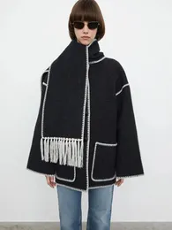 Женская шерстяная сумка-тоут, брендовая весенняя маленькая ароматная стильная воздушная куртка-шарф с белой каймой и бахромой, высокое качество 231124