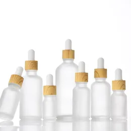 Frosted Glass Essential Oils Parfymflaskor med Woodgrain Cap Reagent Pipette Eye Droper Aromaterapi Liquid Containers 10 ml 30 ml 50 Ojli