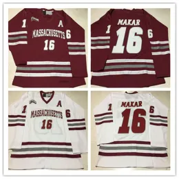 Personalizzato 16 Cale Makar NCAA College Massachusetts Minutemen Hockey Jersey UMass 35 Year East Maglie Vino Rosso Bianco Qualsiasi Nome Numero