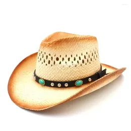 Berets moda mężczyźni Western Cowboy Hat z punk -skórzanym zespołem Straw Dad Dad Beach Sun Sombrero Cap Mesh Jazz Rozmiar 58 cm