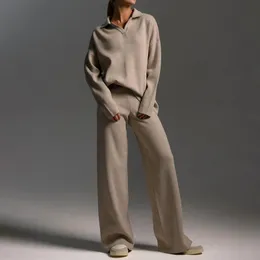 Damen Zweiteilige Hose mit V-Ausschnitt, lange Hosenanzüge, 2 lässige Strick-Loose-Fit-Herbst-Loungewear-Pyjama-Set mit langen Ärmeln und weitem Bein 231124