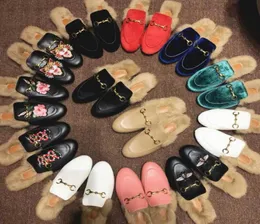 Fashion Women Winter Slippers leather loafers Muller slipper with buckle Flat Mule Shoes Warm and Comfortable Plush Ladies siz9071424