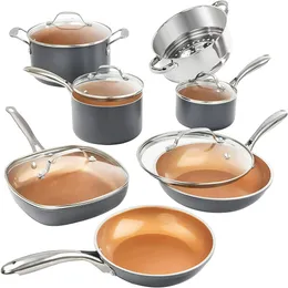 POPTOP 12 Piece Cookware Set, Non-Stick Copper Coating, Includes Skillets, Frying Pans and Stock Pots, Dishwasher and Oven Safe, Graphite