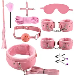 Adult Toys 10 Pcsset PU Leather BDSM Bondage Set Hand Cuffs Footcuff Whip Rope Blindfold Couple Adult Game Erotic Slave Cosplay Sex Toys 230426