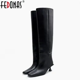 Fedonas Women Fashion 469 High Heels äkta läder Autumn Winter Long Knight Boots kvinnliga skor Kvinna 231124