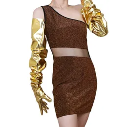 Fem fingrar handskar latex långa handskar faux patent läder 35 "90 cm xl stora puffhylsor unisex guld kvinnor långa läderhandskar wpu209 230426