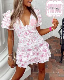 Vestido boho inspirado em crochê, estampa floral, mini vestido de algodão, envoltório, vestido de verão, bonito, decote em v, manga curta, vestido de festa feminino