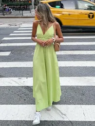 Dress Foridol Eleatic Smocking Green Cotton V Neck Summer Women's Dress Sleevless Long Green Maxi Casual Strapy Dress Solid Female