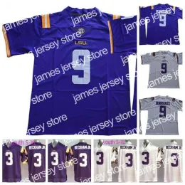 College Baseball Wears Mens Youth LSU Tigers 9 Joe Burrow Burreaux 3 Odell Beckham Jr. White Purple NCAA College Football Jersey Double Stit