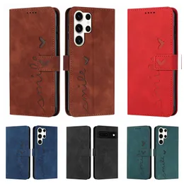 S24 Smile Heart Love Leder Portemonnaie Hüllen für Samsung A05 A05S A15 A25 Ultra Plus Xiaomi 14 Pro Redmi 13C 13T Cash ID Kreditkartenhalter Flip Cover stoßfester Beutelgurt