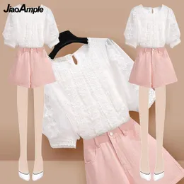 ドレス2022 Zomer VRouwen Graceful Lace Shirts Hoge Taille Shorts Koreaanse Elegante Witte Blouse Tweedelige Set Dames Mode Roze Outfits