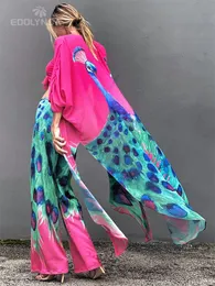 Kleider 2022 Boho Pfau Gedruckt Vorne Offen Kimono Kleid Sexy Blau Chiffon Tunika Frauen Sommer Kleidung Plus Größe Strand Kleider A1083