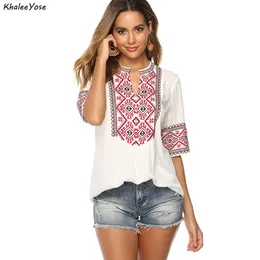 Blus Khalee Yose Boho Floral broderiblus Skjorta Vitt rosa sommarfjäder mexikansk skjorta Kvinnor spetsar binda upp 2xl 3xl etnisk skjorta