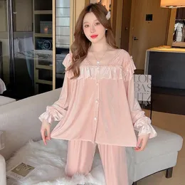 Women's Sleepwear V-Neck Velvet Pajamas Two Piece Pjs Set Woman Velour Trouser Sleep Suit Casual Lace Pyjama Home Clothes