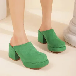 Slippers Square heel Shoes Lady Big Size Woman s Flock Heeled Mules Slides Low Block Girl High Fabric Rome Scandals Basic R 231127