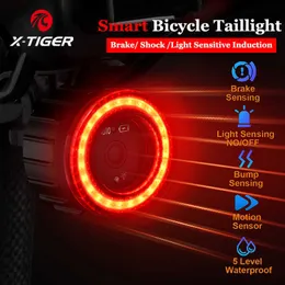 バイクライトX-TIGER自転車スマートオートブレーキセンシングライト防水性鉛充電サイクリングテールライトバイクリアライトワークワークバイシクルテールライトP230427
