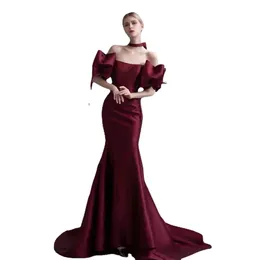 Jeheth Elegant Burgundy Satin Long Mermaid Dresses Big Bow Sleeves Party Gown Strapless Back Lace-Up Formal Women