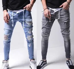 Men's Side Striped Ripped Jean Mens Fashion Denim Long Pencil Pants Clothes Male Black High Street Slim Biker Jeans Panelled Hip HOP Trousers