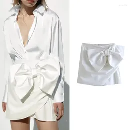 Röcke Vintage Weiß Satin Bogen Mini Frauen Hohe Taille Mantel Split Mode 2023 Elegante Mujer Faldas