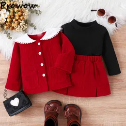 Conjuntos de roupas 3-24m bebê menina roupas de inverno conjunto borla colarinho vermelho camisola de malha + top + saia dividida criança chrismas outfit