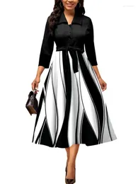 Sıradan elbiseler bir çizgi gömlek elbise kadınlar 2023 Yay Üç Çeyrek Kollu Baskı Siyah ve Beyaz Ofis Lady Workwear Chic Zarif Gown