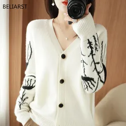 Cardigans BELIARST Spring and autumn new jacket women's Vneck cardigan slim fashion printing tops 100% pure wool knitted cashmere sweater