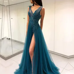 Peacock Blue Prom-klänningar V-hals Appliced ​​pärlor Pärlor Backless Sexig Split Formal Long Party Cocktail Gowns Sleeveless 2023