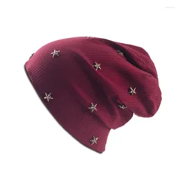 Berretti Geebro Donna Cotone Morbido Tinta unita Nervature Berretti Ragazze Moda Elastico Skullies Cappelli Donna con stella Accessori Cap Cofano