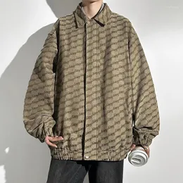 Jaquetas masculinas estilo europa jacquard casaco homens solto na moda jaqueta rua oversized lapela zíper trincheira masculino marca outono cáqui topos